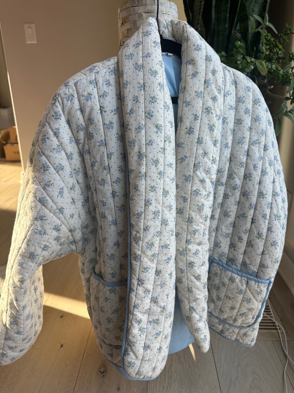 Quilted Floral Puff Jacket in Light Blue and White